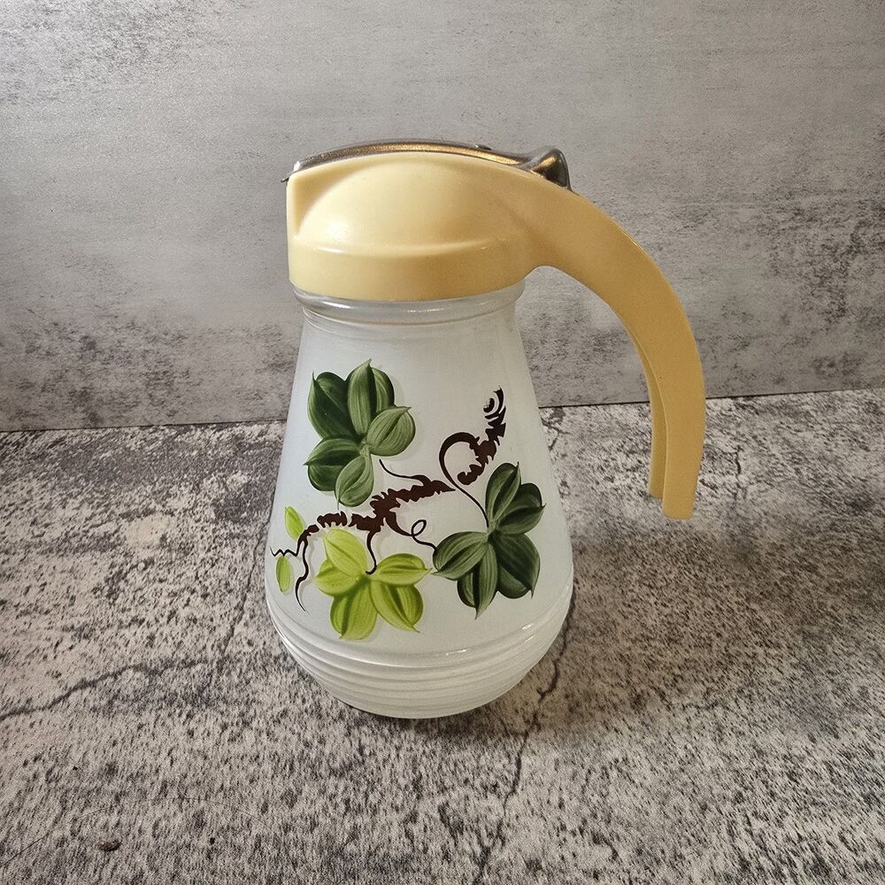 Vintage Hazel Atlas Waffle Batter Glass Pitcher with Painted Vines Handpainted